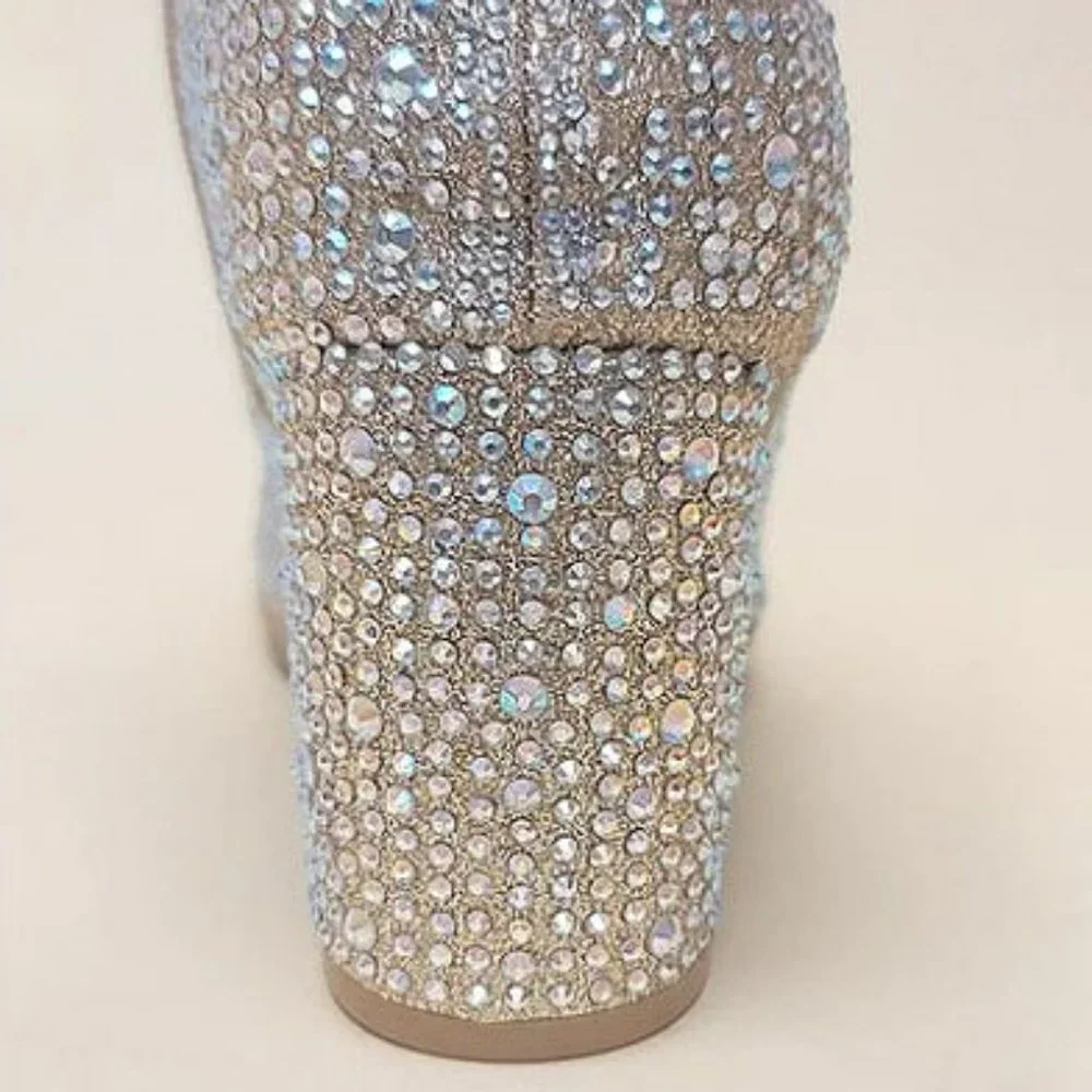 New Women Champagne Gold Rhinestone Glitter Pointy Ankle Boots Booties - Picture 8 of 9